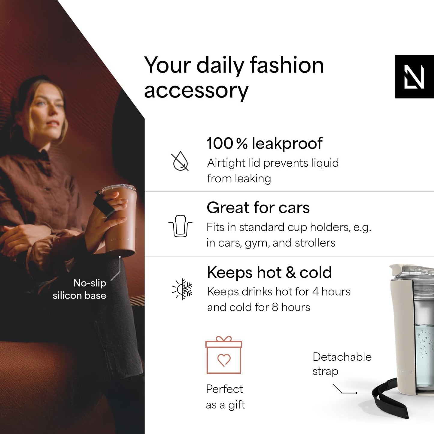 LARS NYSØM Thermo Coffee Mug to go with Strap 17oz | Travel Mug 0.5 Liter with Insulation | Leak Proof Stainless Steel Thermal Tumbler for Coffee and Tea to Go (Aqua Turquoise, 17 oz)