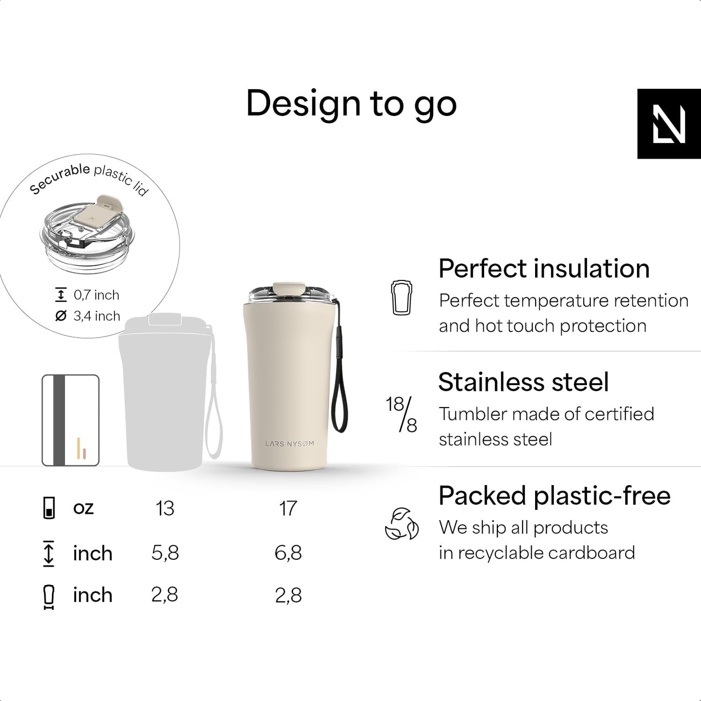 LARS NYSØM Thermo Coffee Mug to go with Strap 17oz | Travel Mug 0.5 Liter with Insulation | Leak Proof Stainless Steel Thermal Tumbler for Coffee and Tea to Go (Aqua Turquoise, 17 oz)