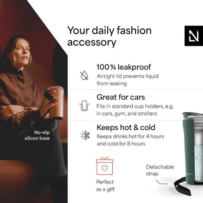 LARS NYSØM Thermo Coffee Mug to go with Strap 17oz | Travel Mug 0.5 Liter with Insulation | Leak Proof Stainless Steel Thermal Tumbler for Coffee and Tea to Go (Aqua Turquoise, 17 oz)