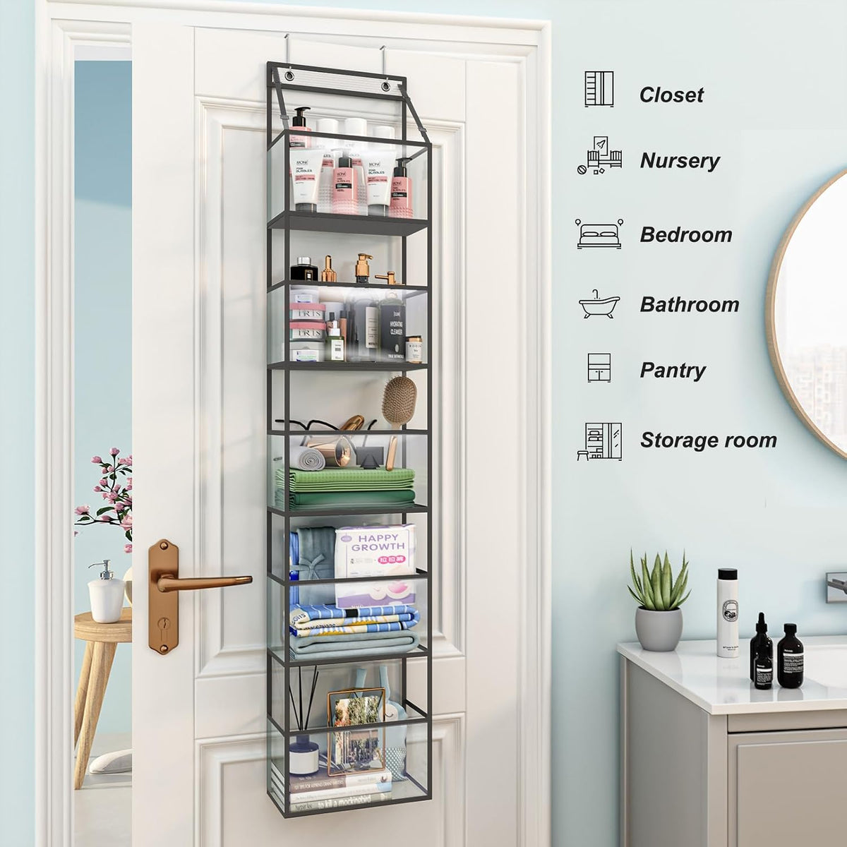 5-Shelf Over The Door Hanging Pantry Organizer, Room Organizer with Clear Plastic Pockets, 25lb Ultra Sturdy & Large Capacity for Closet, Bedroom, Nursery, Bathroom and Sundries
