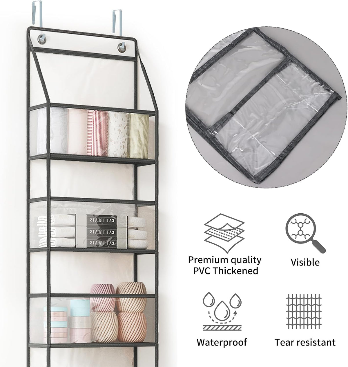 5-Shelf Over The Door Hanging Pantry Organizer, Room Organizer with Clear Plastic Pockets, 25lb Ultra Sturdy & Large Capacity for Closet, Bedroom, Nursery, Bathroom and Sundries