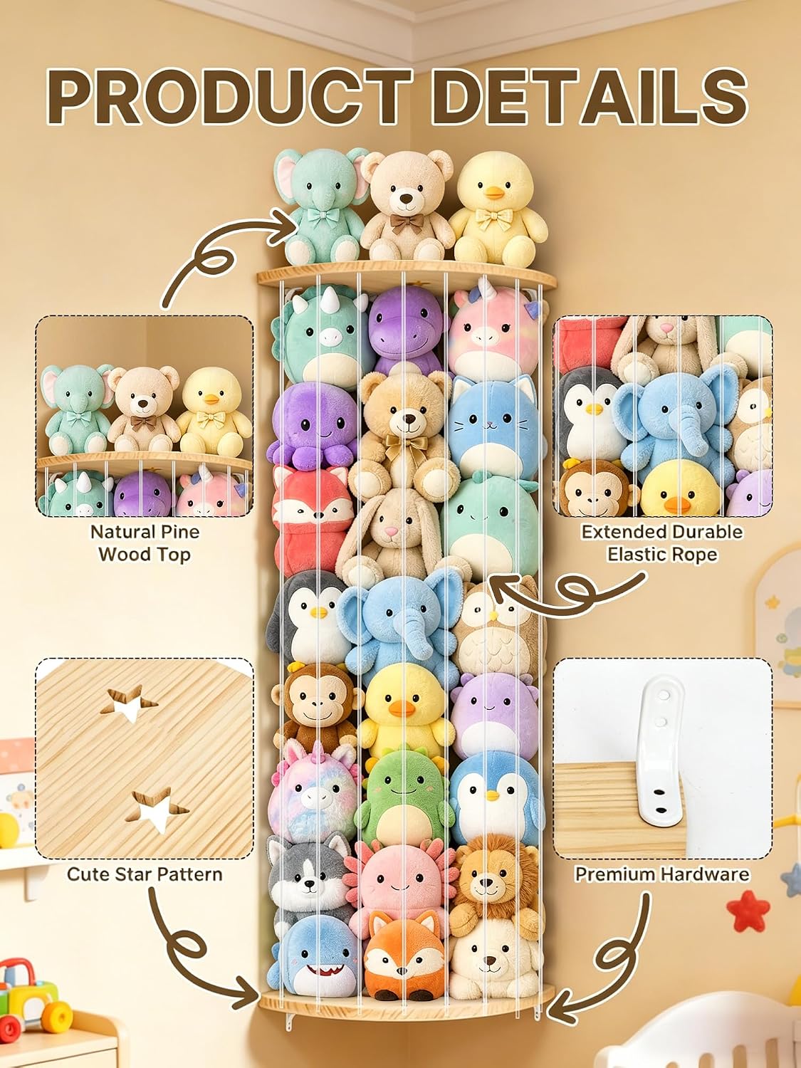 Stuffed Animal Storage, Corner Wall Hanging Plush Toy Organizer for Nursery