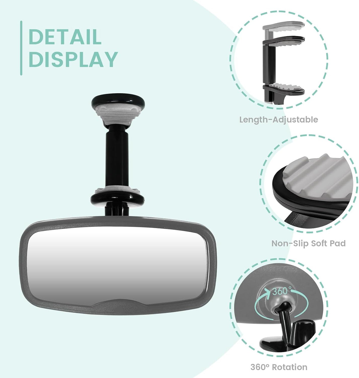 Clip-On Baby Car Mirror for Rearview Mirror, 360-Degree Swivel, Black