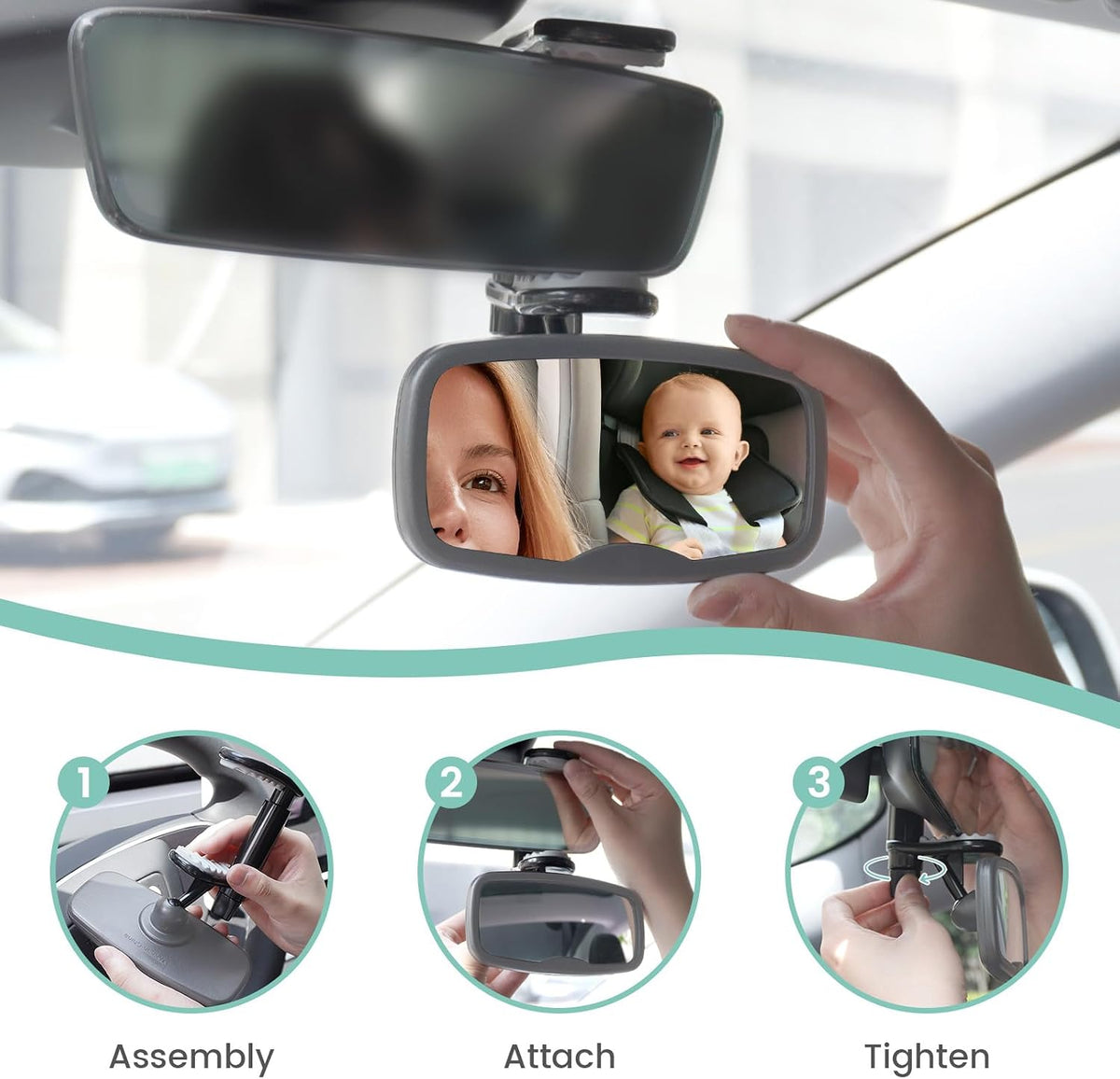 Clip-On Baby Car Mirror for Rearview Mirror, 360-Degree Swivel, Black