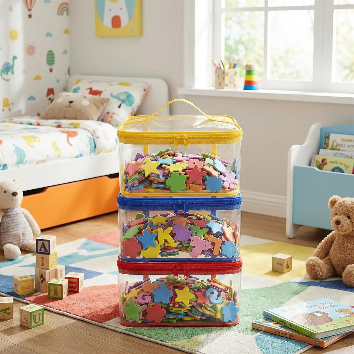 3Pcs Clear PVC Toy Storage Bags Double Zipper Handle for Building Blocks