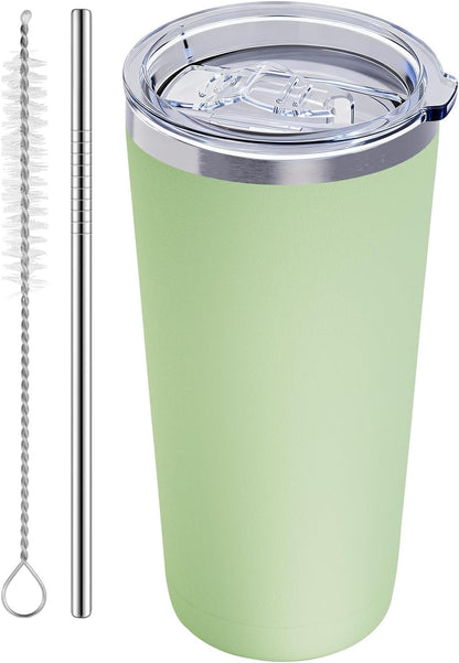 20oz Travel Coffee Tumbler, 18/8 Stainless Steel Cup 1 Pack Mint Green | Double Wall Vacuum Retains Hot and Cold Drinks. Car Cup Holder Friendly Design Includes Straw, Brush and Silicone Base Pad.