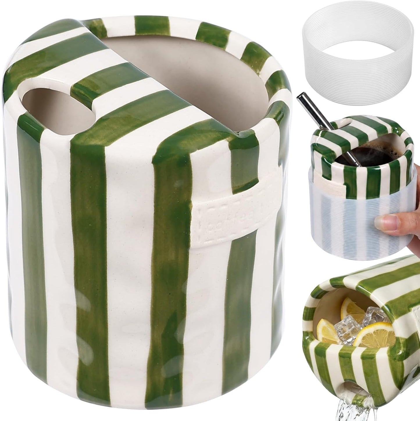 Ceramic Coffee Mug with Sip Hole Striped Travel Espresso Cup with Sleeve | Retro Hand-Painted Multiple Use, Microwave & Dishwasher Safe for Coffee Lovers(Green)