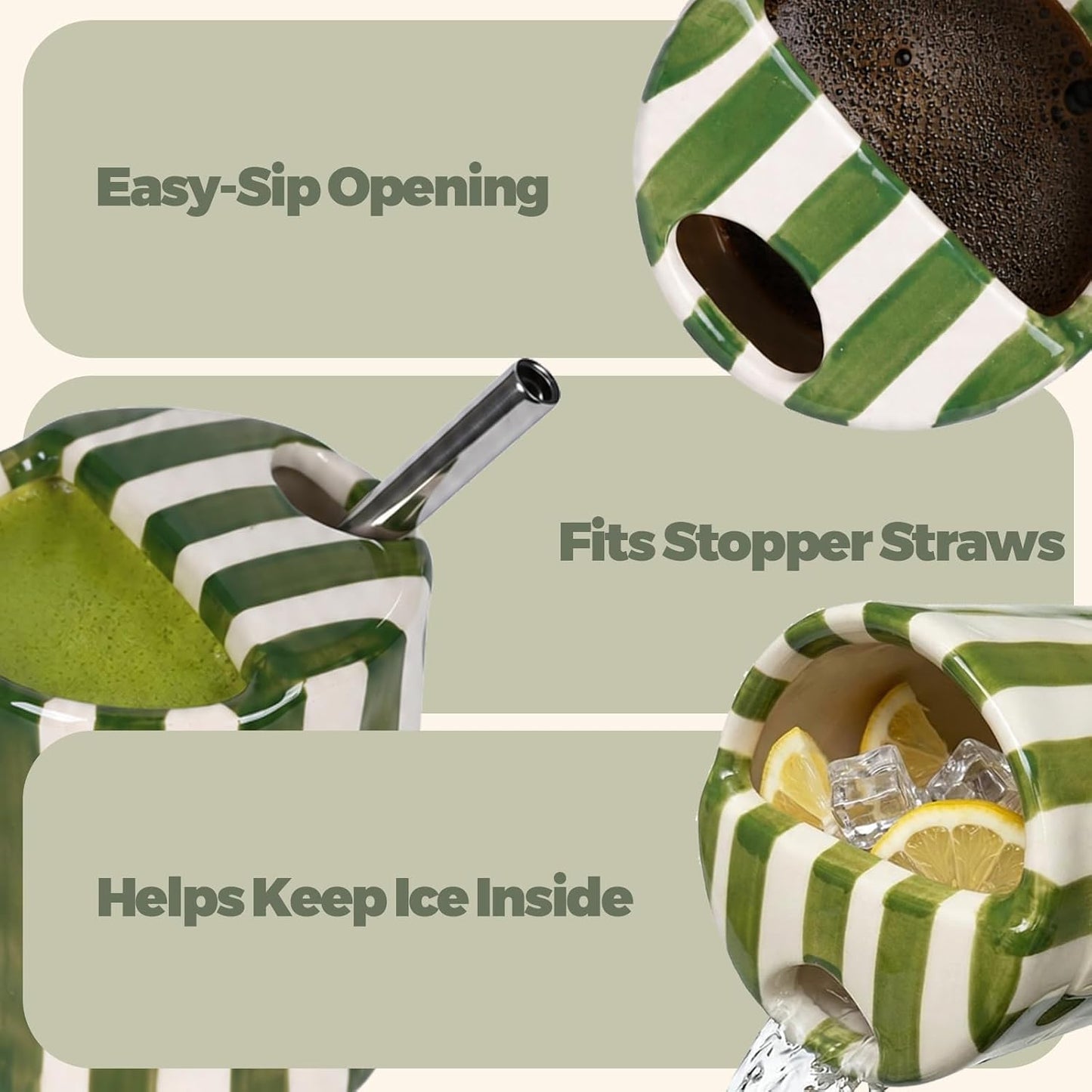 Ceramic Coffee Mug with Sip Hole Striped Travel Espresso Cup with Sleeve | Retro Hand-Painted Multiple Use, Microwave & Dishwasher Safe for Coffee Lovers(Green)