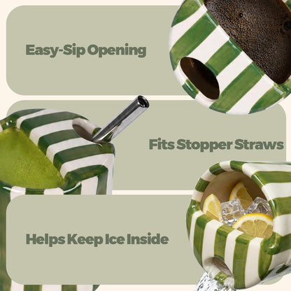 Ceramic Coffee Mug with Sip Hole Striped Travel Espresso Cup with Sleeve | Retro Hand-Painted Multiple Use, Microwave & Dishwasher Safe for Coffee Lovers(Green)