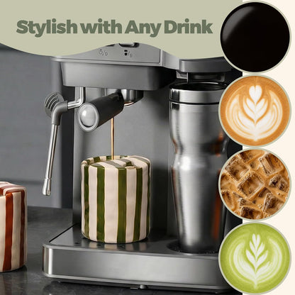 Ceramic Coffee Mug with Sip Hole Striped Travel Espresso Cup with Sleeve | Retro Hand-Painted Multiple Use, Microwave & Dishwasher Safe for Coffee Lovers(Green)