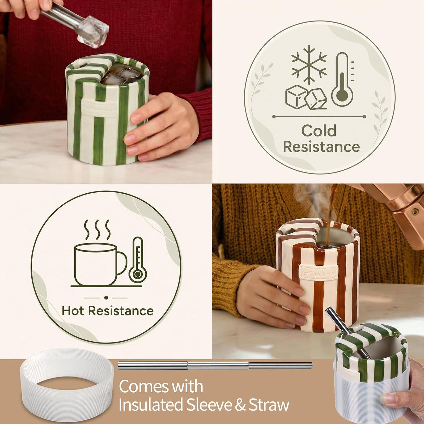 Ceramic Coffee Mug with Sip Hole Striped Travel Espresso Cup with Sleeve | Retro Hand-Painted Multiple Use, Microwave & Dishwasher Safe for Coffee Lovers(Green)
