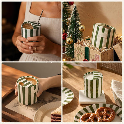 Ceramic Coffee Mug with Sip Hole Striped Travel Espresso Cup with Sleeve | Retro Hand-Painted Multiple Use, Microwave & Dishwasher Safe for Coffee Lovers(Green)
