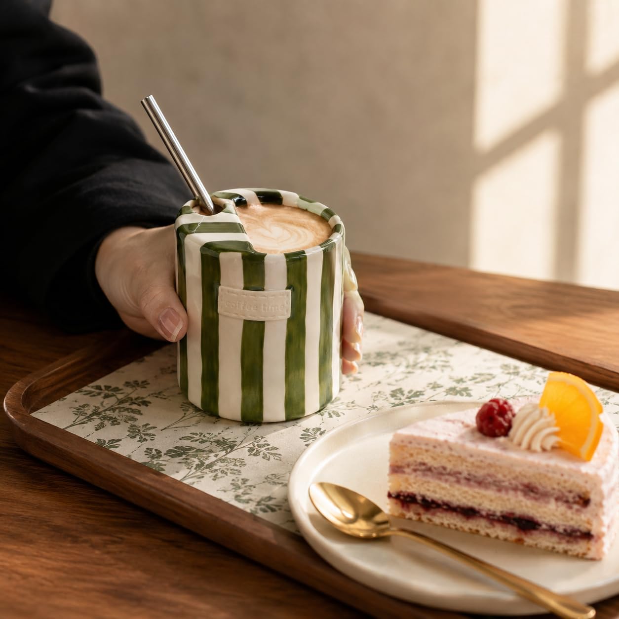 Ceramic Coffee Mug with Sip Hole Striped Travel Espresso Cup with Sleeve | Retro Hand-Painted Multiple Use, Microwave & Dishwasher Safe for Coffee Lovers(Green)