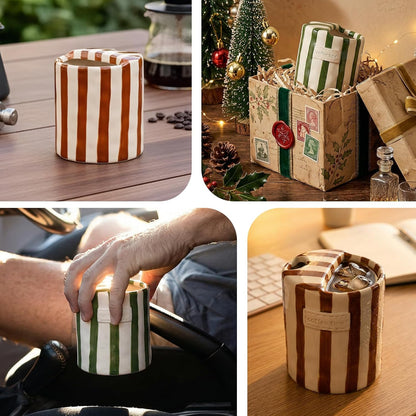 Ceramic Coffee Mug with Sip Hole Striped Travel Espresso Cup with Sleeve | Retro Hand-Painted Multiple Use, Microwave & Dishwasher Safe for Coffee Lovers(Green)