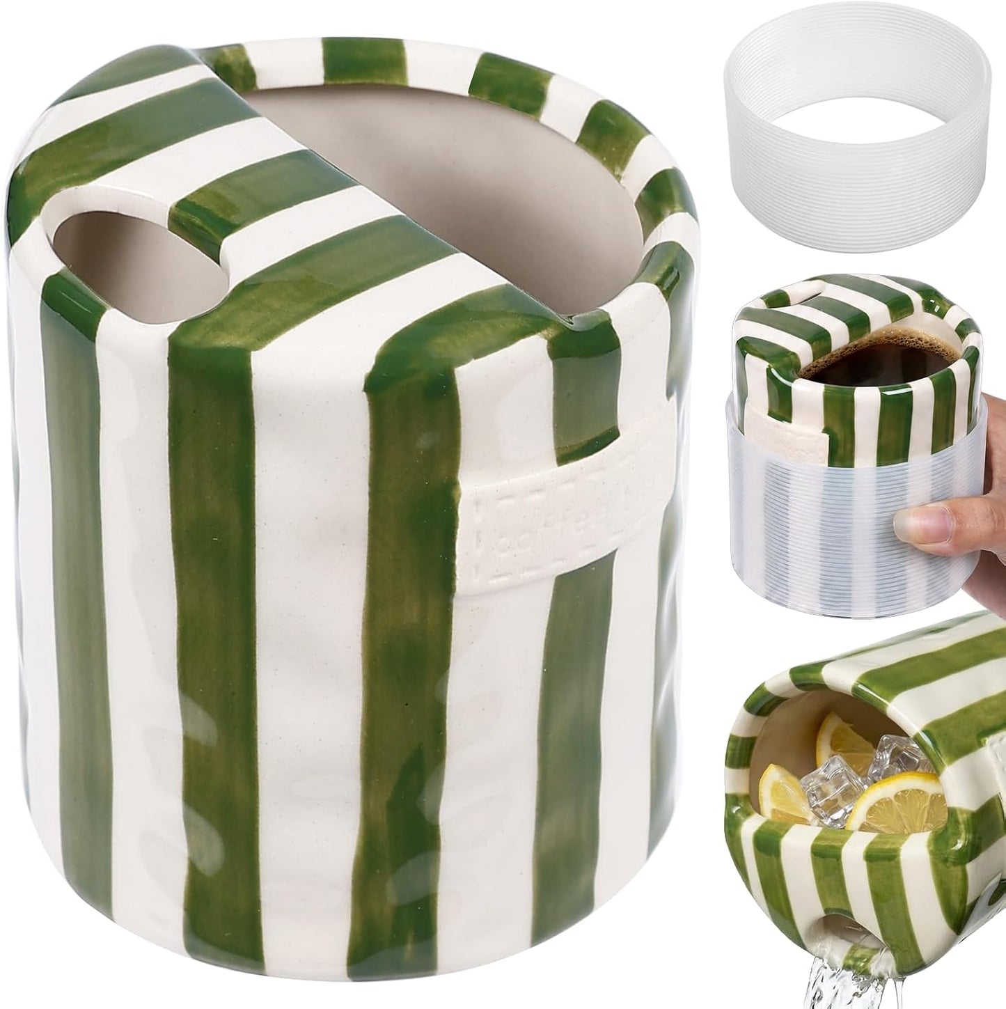 Ceramic Coffee Mug with Sip Hole Striped Travel Espresso Cup with Sleeve | Retro Hand-Painted Multiple Use, Microwave & Dishwasher Safe for Coffee Lovers(Green)