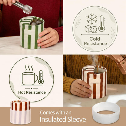 Ceramic Coffee Mug with Sip Hole Striped Travel Espresso Cup with Sleeve | Retro Hand-Painted Multiple Use, Microwave & Dishwasher Safe for Coffee Lovers(Green)