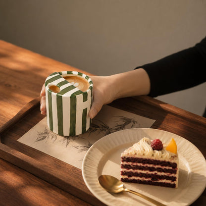 Ceramic Coffee Mug with Sip Hole Striped Travel Espresso Cup with Sleeve | Retro Hand-Painted Multiple Use, Microwave & Dishwasher Safe for Coffee Lovers(Green)