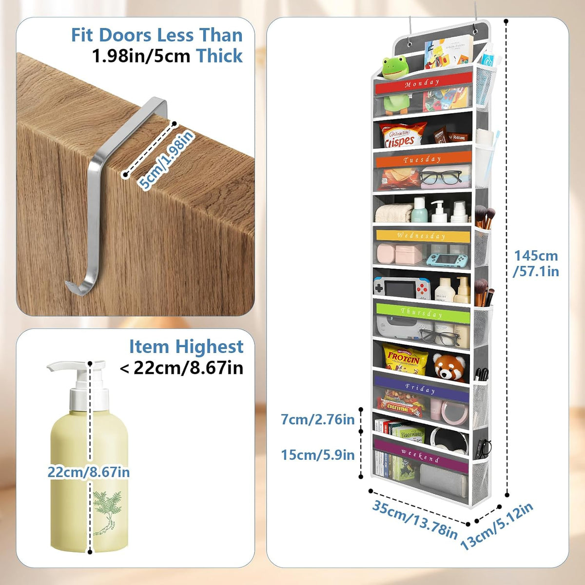 Over The Door Organizer, Hanging Storage with 6+6 Large Pockets, 22lbs Load Anti Tilt Behind Door Storage for Closet Bedroom Bathroom, Black
