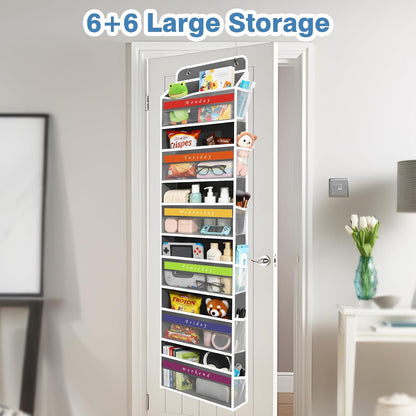 Over The Door Organizer, Hanging Storage with 6+6 Large Pockets, 22lbs Load Anti Tilt Behind Door Storage for Closet Bedroom Bathroom, Black