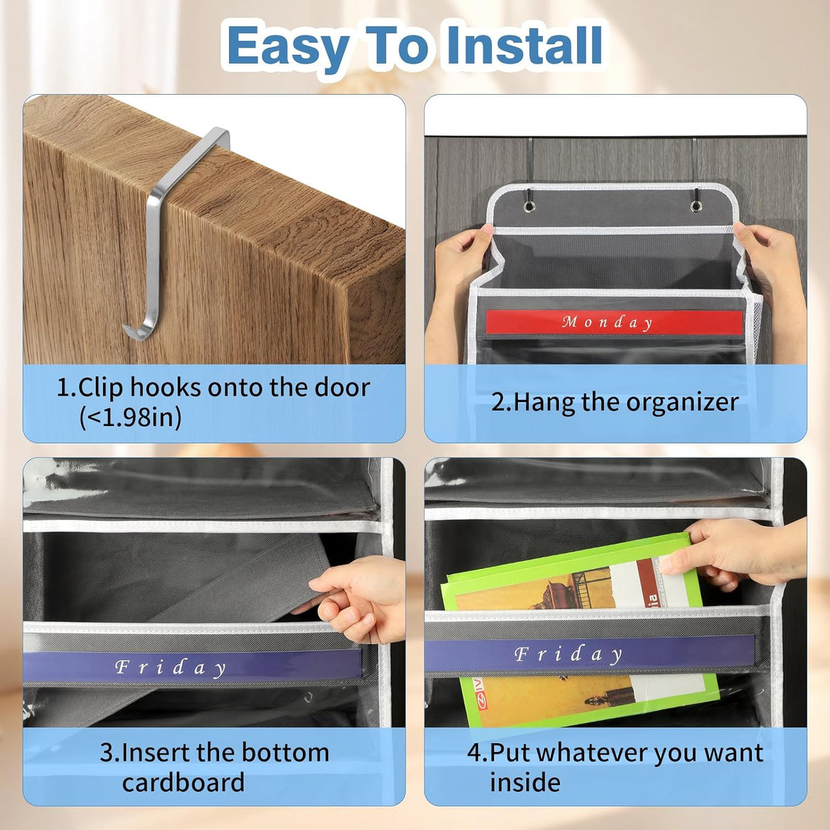 Over The Door Organizer, Hanging Storage with 6+6 Large Pockets, 22lbs Load Anti Tilt Behind Door Storage for Closet Bedroom Bathroom, Black