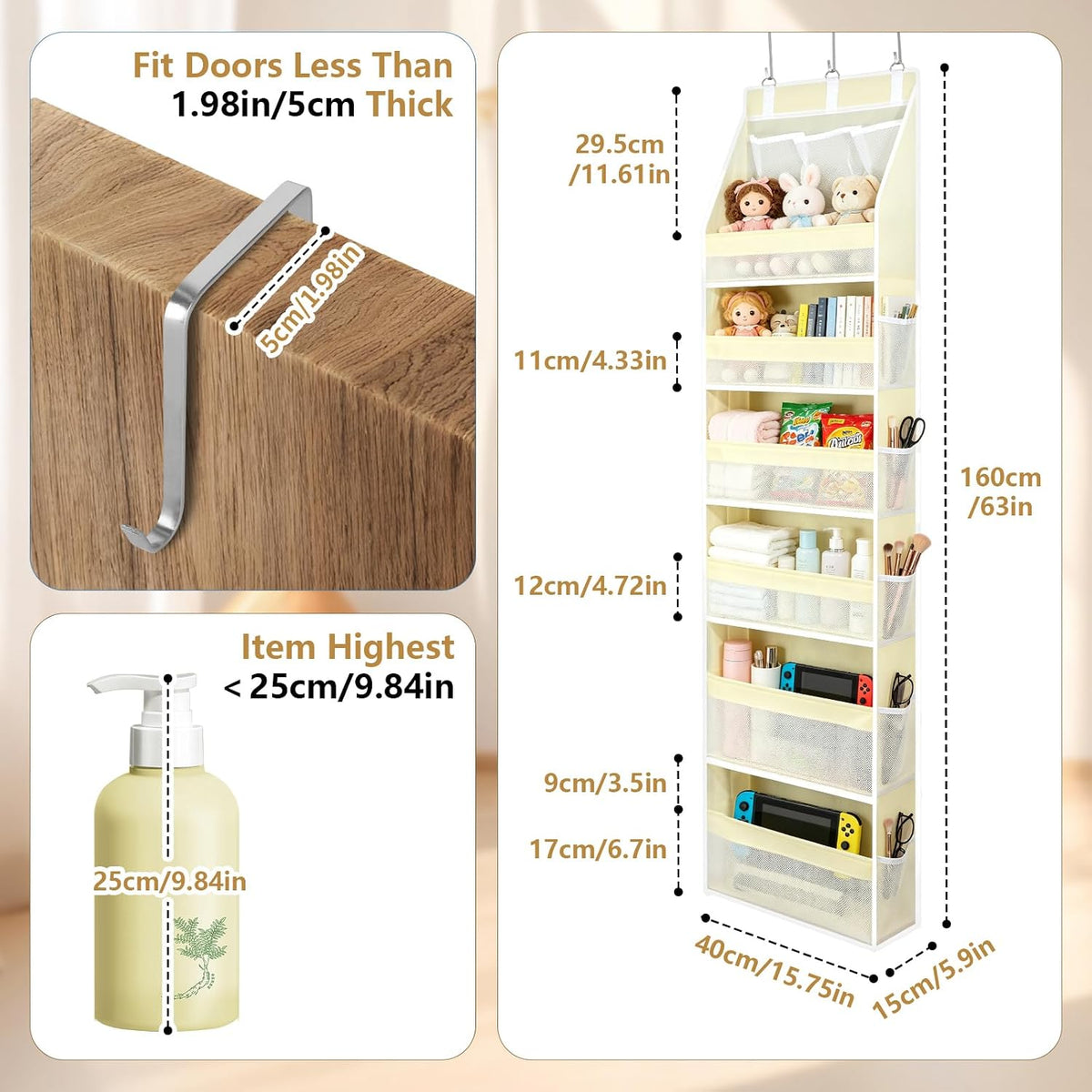 Over The Door Organizer, Hanging Storage with 6+6 Large Pockets, 22lbs Load Anti Tilt Behind Door Storage for Closet Bedroom Bathroom, Black