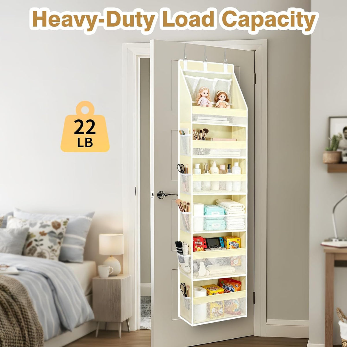 Over The Door Organizer, Hanging Storage with 6+6 Large Pockets, 22lbs Load Anti Tilt Behind Door Storage for Closet Bedroom Bathroom, Black