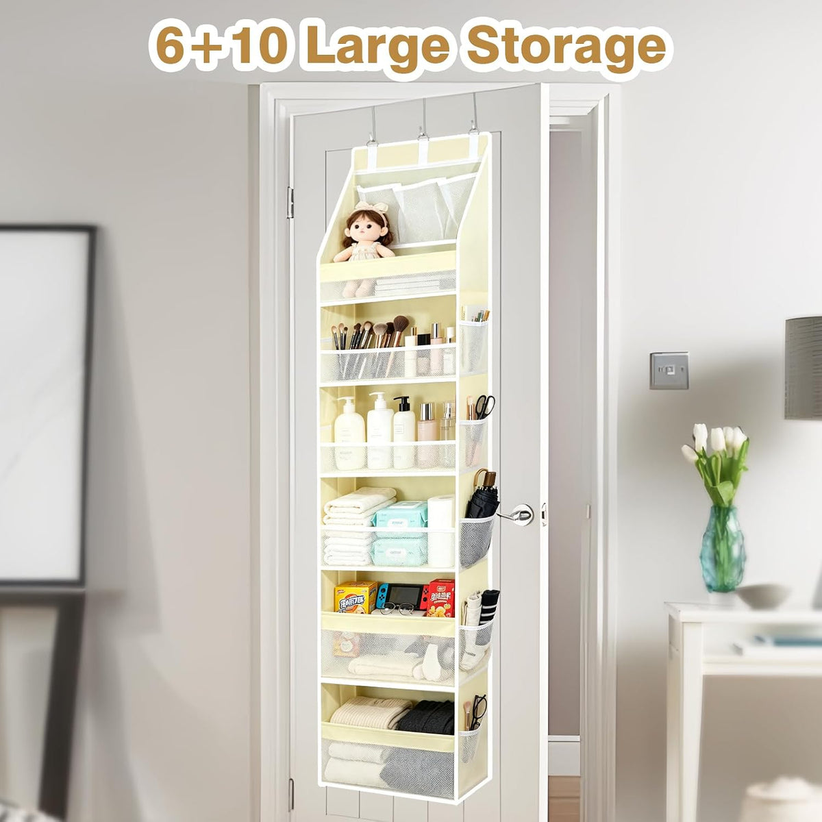 Over The Door Organizer, Hanging Storage with 6+6 Large Pockets, 22lbs Load Anti Tilt Behind Door Storage for Closet Bedroom Bathroom, Black