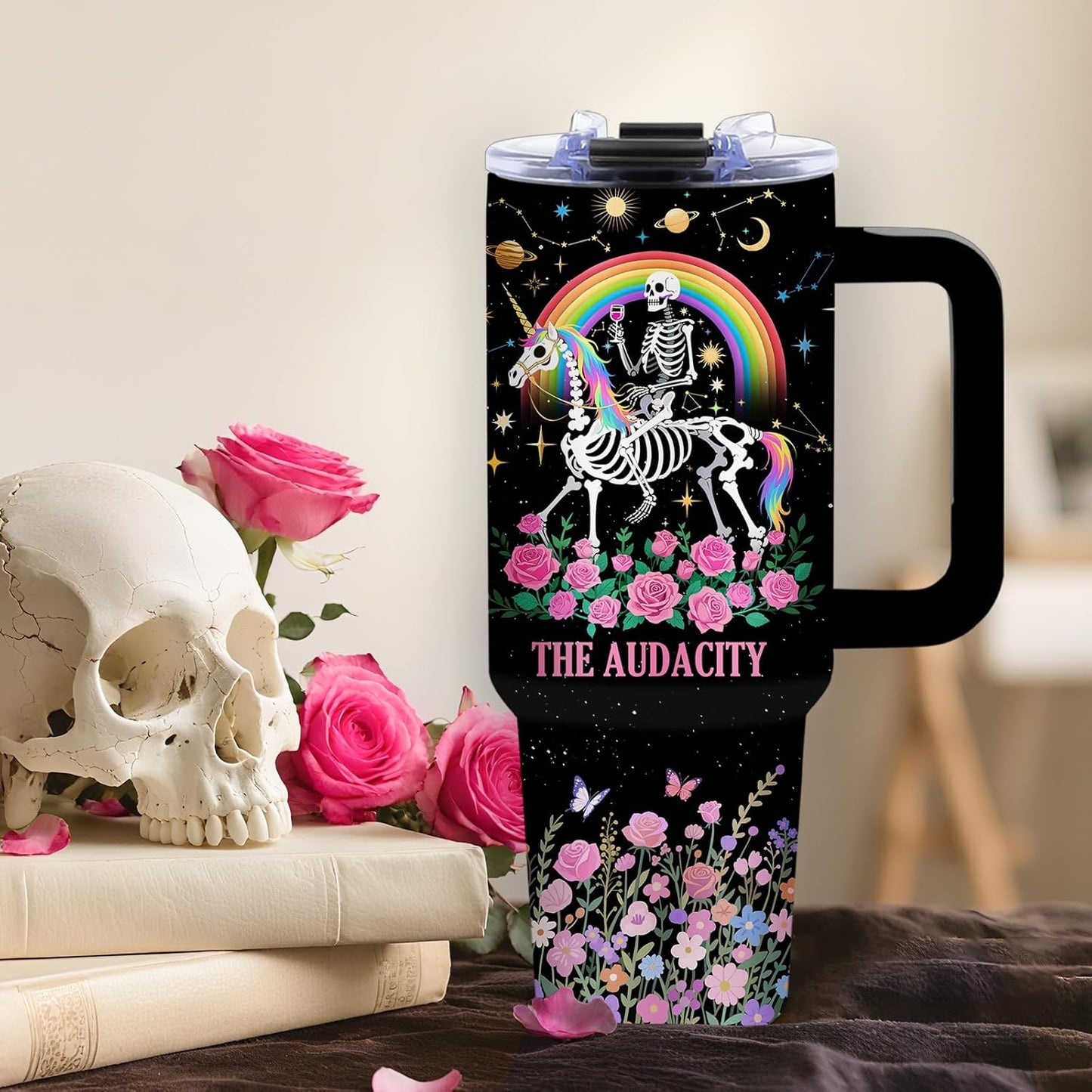 Funny Skull Tumbler 40oz, Insulated Funny Witchy Gifts for Women | Audacity Cup, Skeleton Unicorn Tumbler Leakproof, Gothic Skeleton Water Bottle, Aesthetic Gifts for Tarot Lovers, 1 Pack