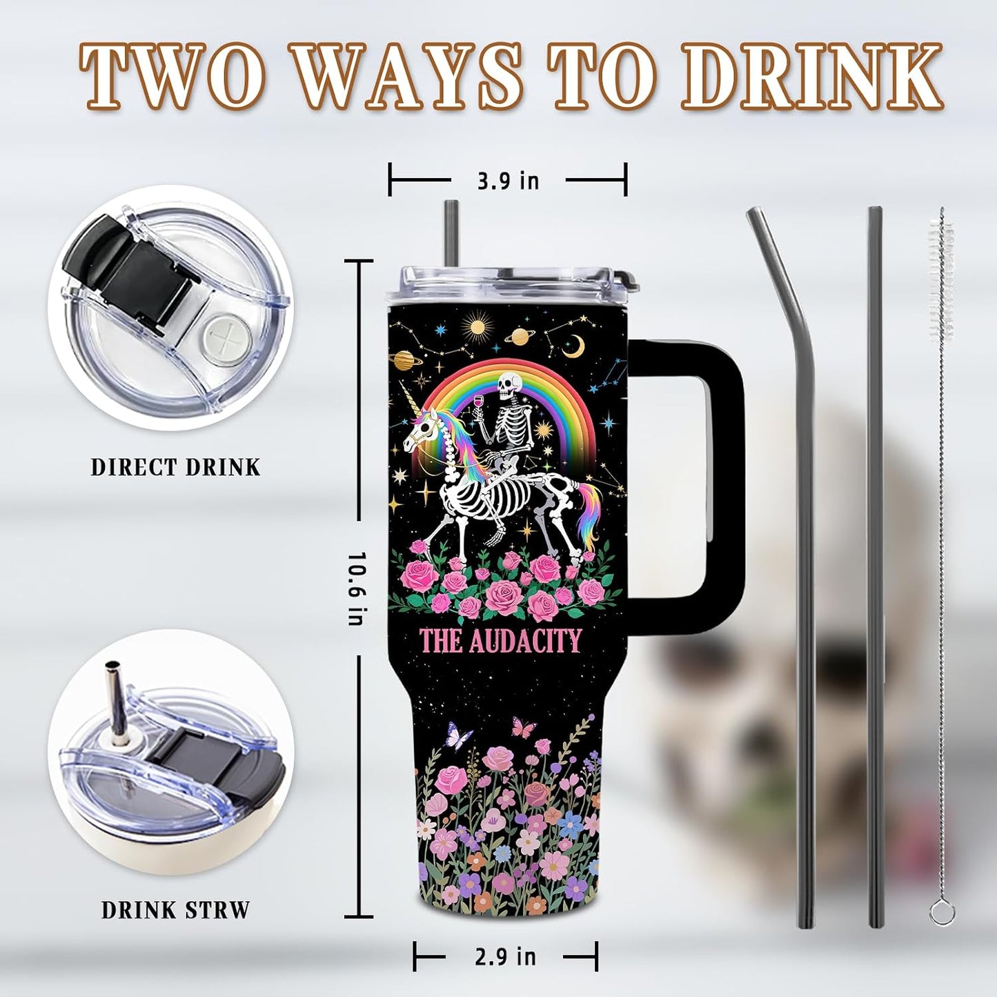Funny Skull Tumbler 40oz, Insulated Funny Witchy Gifts for Women | Audacity Cup, Skeleton Unicorn Tumbler Leakproof, Gothic Skeleton Water Bottle, Aesthetic Gifts for Tarot Lovers, 1 Pack
