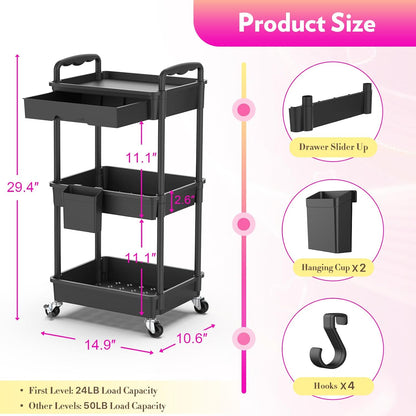 Makeup Cart Organizer with Drawer,3 Tier Rolling Makeup Cart, White