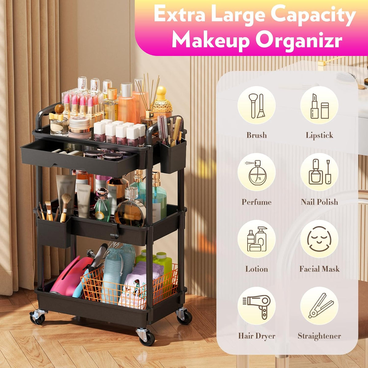 Makeup Cart Organizer with Drawer,3 Tier Rolling Makeup Cart, White
