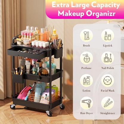 Makeup Cart Organizer with Drawer,3 Tier Rolling Makeup Cart, White