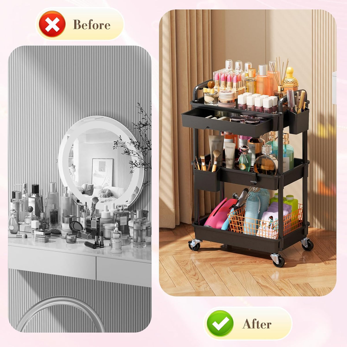 Makeup Cart Organizer with Drawer,3 Tier Rolling Makeup Cart, White