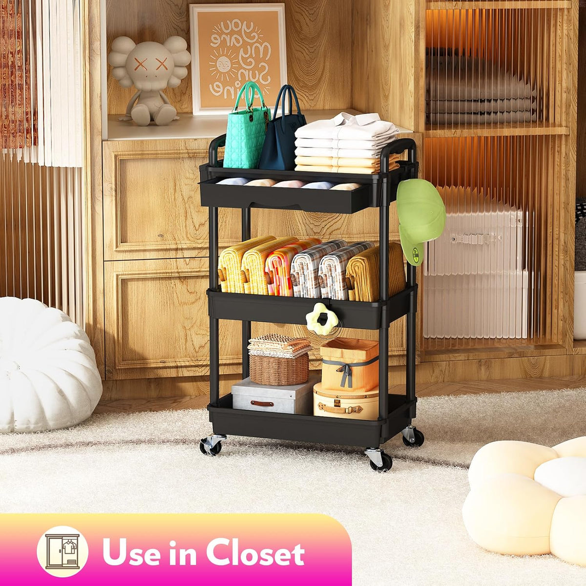 Makeup Cart Organizer with Drawer,3 Tier Rolling Makeup Cart, White