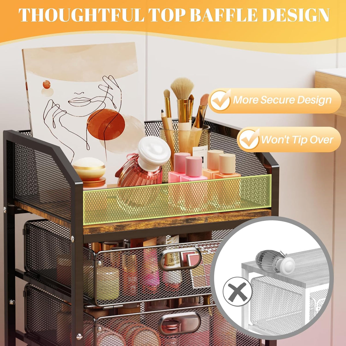 Makeup Cart Organizer with Drawer,3 Tier Rolling Makeup Cart, White