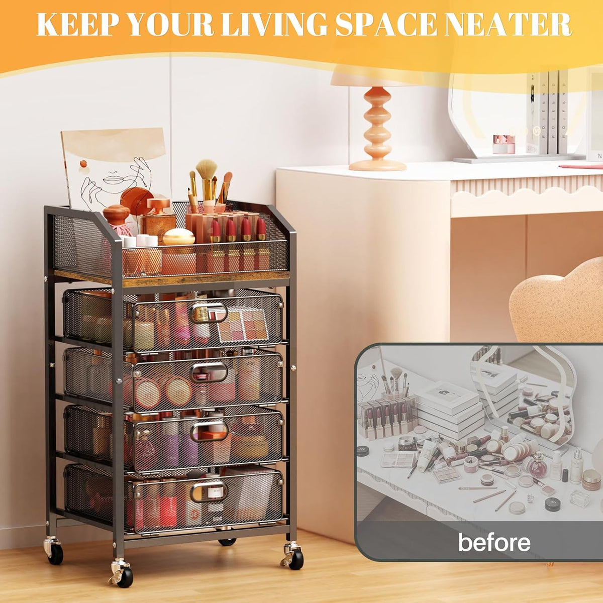 Makeup Cart Organizer with Drawer,3 Tier Rolling Makeup Cart, White