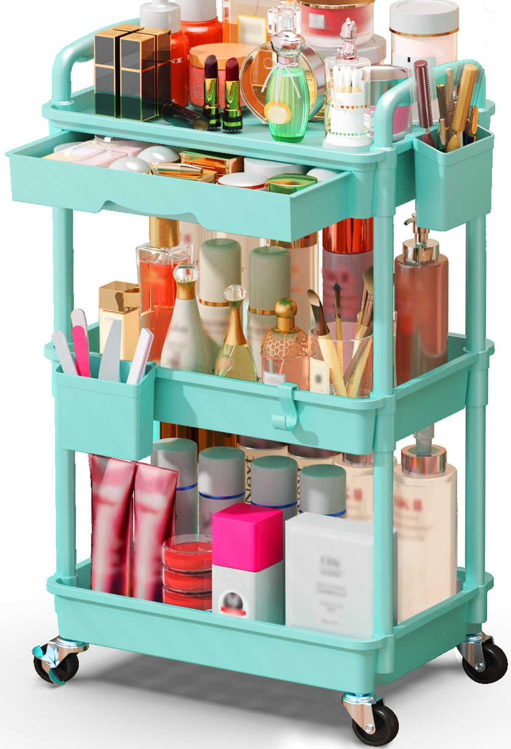 Makeup Cart Organizer with Drawer,3 Tier Rolling Makeup Cart, White