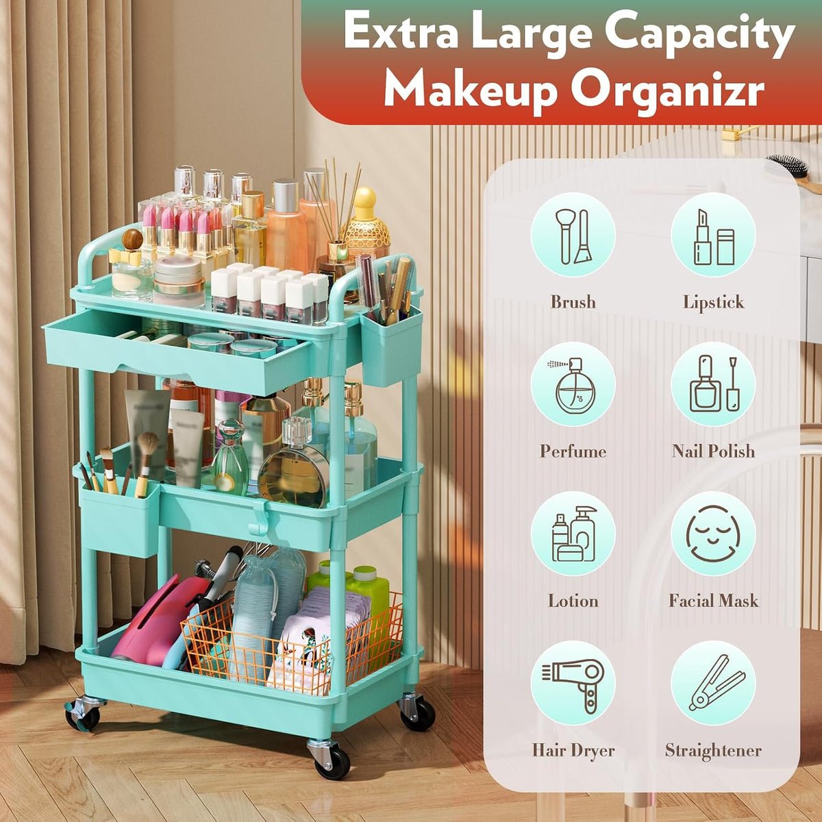 Makeup Cart Organizer with Drawer,3 Tier Rolling Makeup Cart, White