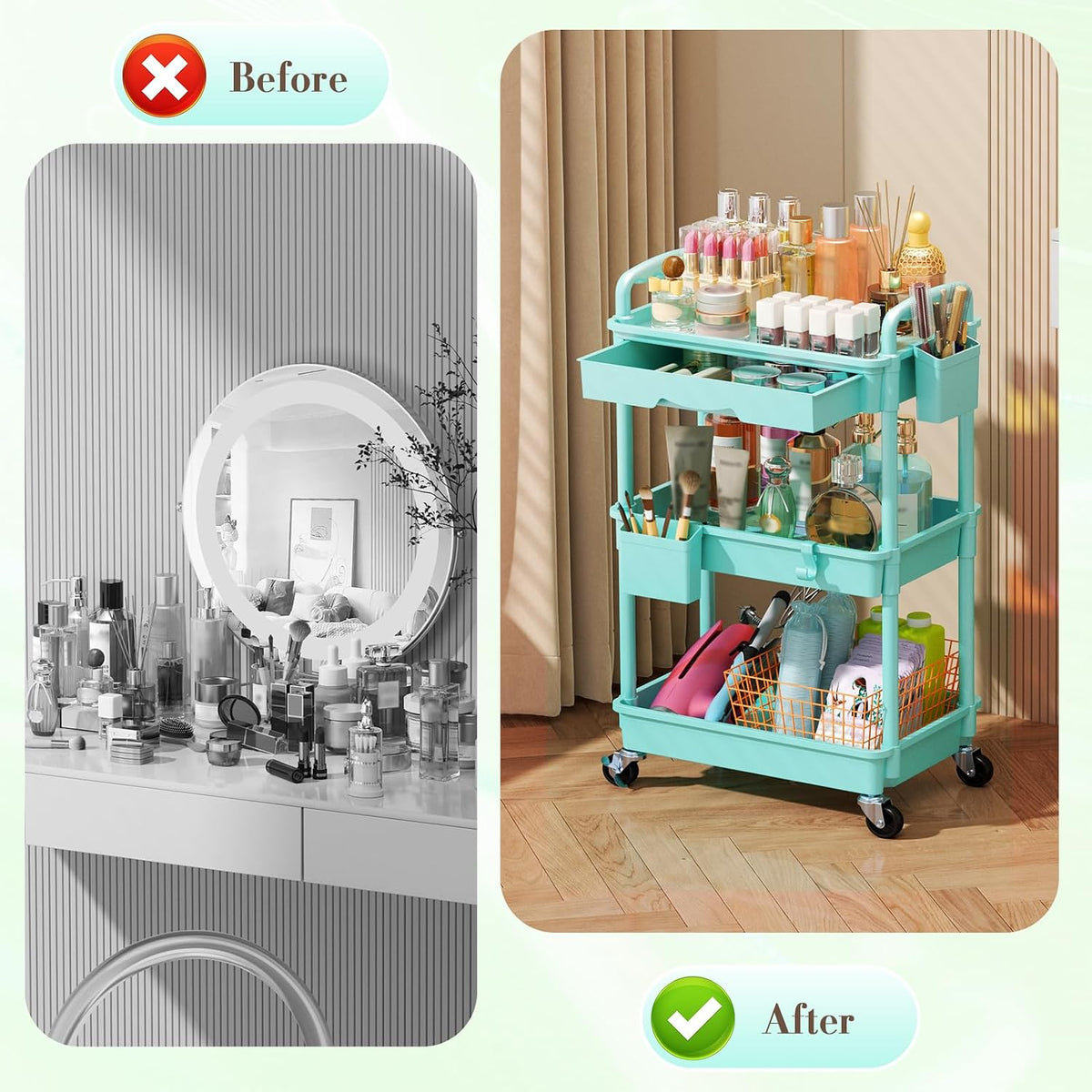 Makeup Cart Organizer with Drawer,3 Tier Rolling Makeup Cart, White