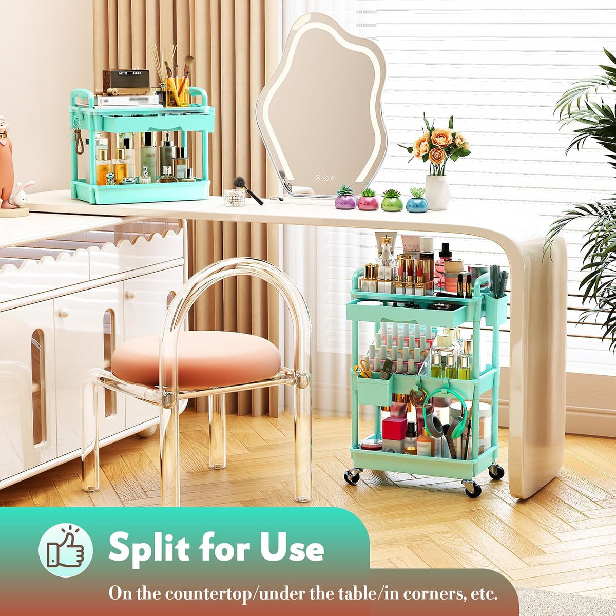 Makeup Cart Organizer with Drawer,3 Tier Rolling Makeup Cart, White