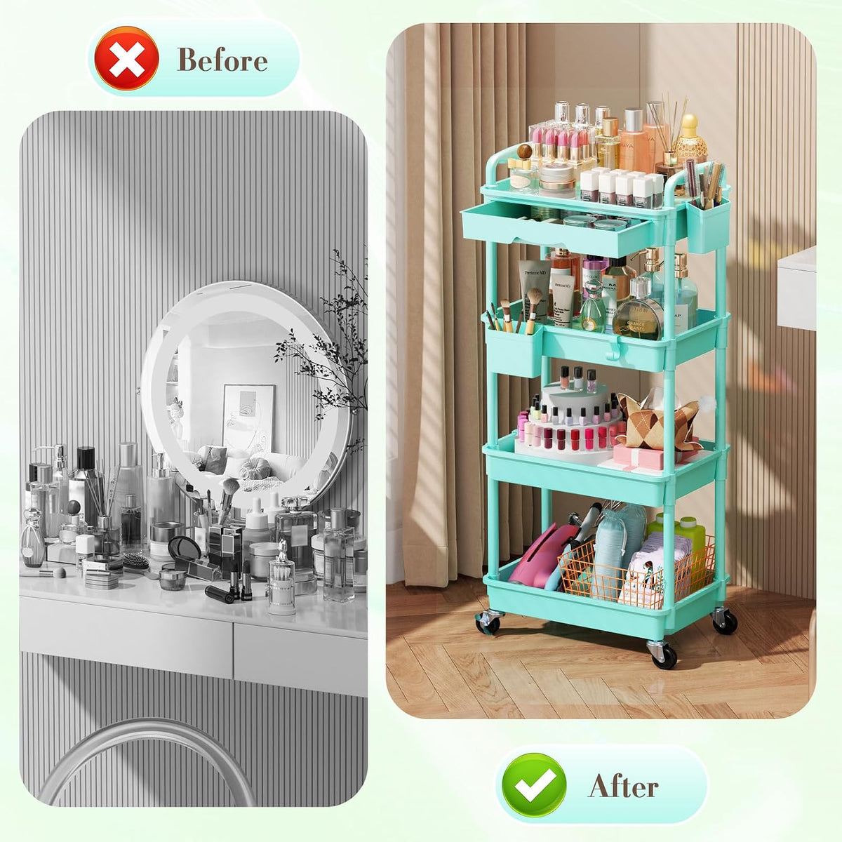 Makeup Cart Organizer with Drawer,3 Tier Rolling Makeup Cart, White