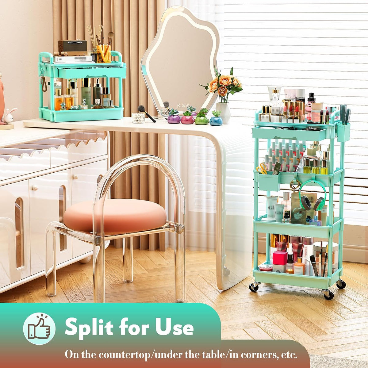 Makeup Cart Organizer with Drawer,3 Tier Rolling Makeup Cart, White