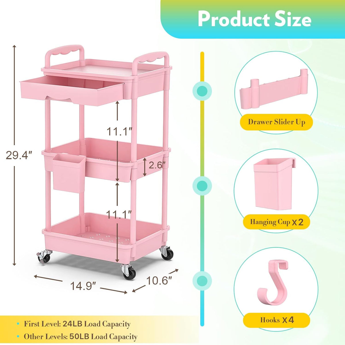 Makeup Cart Organizer with Drawer,3 Tier Rolling Makeup Cart, White