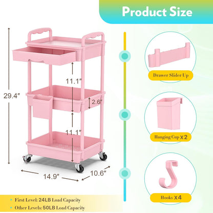 Makeup Cart Organizer with Drawer,3 Tier Rolling Makeup Cart, White