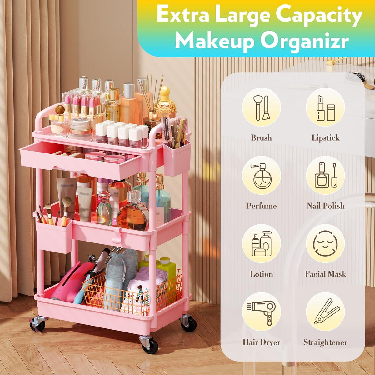 Makeup Cart Organizer with Drawer,3 Tier Rolling Makeup Cart, White