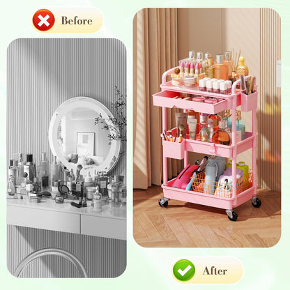 Makeup Cart Organizer with Drawer,3 Tier Rolling Makeup Cart, White