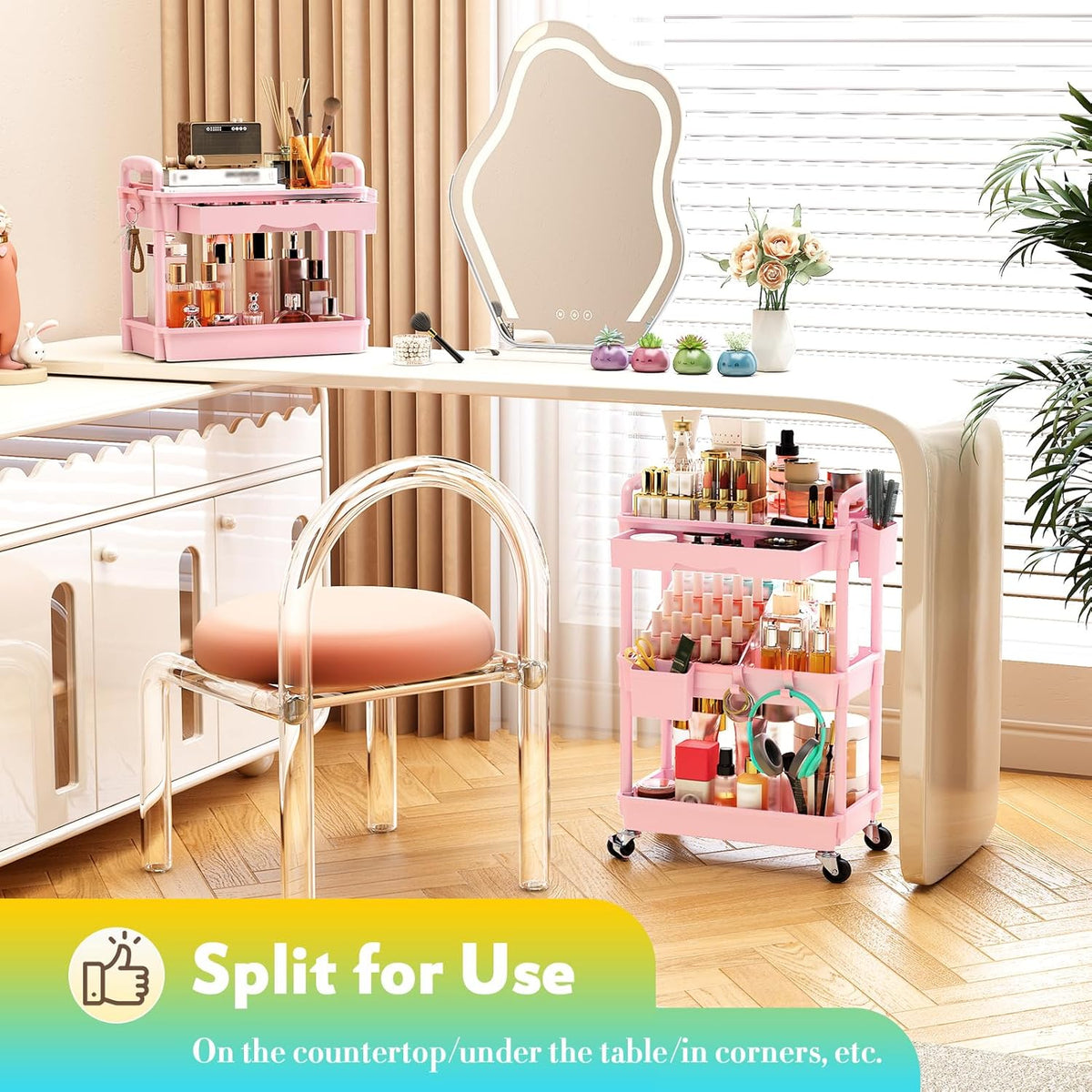 Makeup Cart Organizer with Drawer,3 Tier Rolling Makeup Cart, White