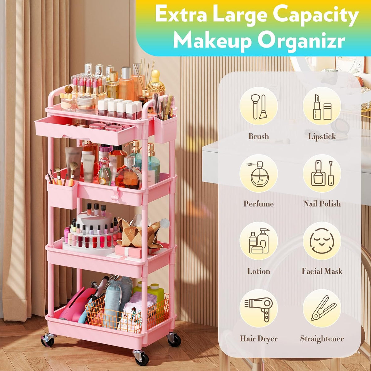 Makeup Cart Organizer with Drawer,3 Tier Rolling Makeup Cart, White