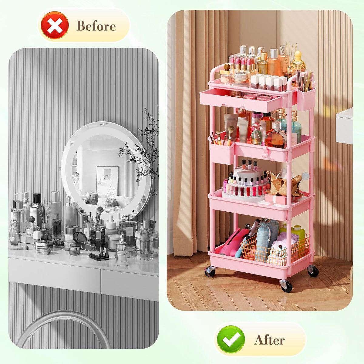Makeup Cart Organizer with Drawer,3 Tier Rolling Makeup Cart, White