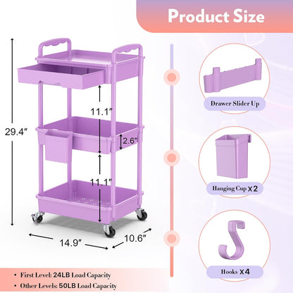 Makeup Cart Organizer with Drawer,3 Tier Rolling Makeup Cart, White